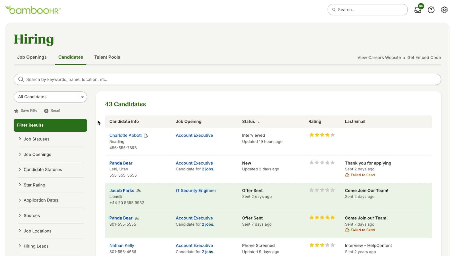 Animated GIF showing the sorting process. Steps:Candidate list displays multiple columns: Candidate Info, Job Opening, Status, Rating, Last Email.The user clicks a column header (e.g., Candidate Info) to sort alphabetically.Clicking again reverses the order.Demonstrates sorting by Job Opening and Rating as well.Information tooltip notes that sorting is not available for the Last Contact column and only one column can be sorted at a time.